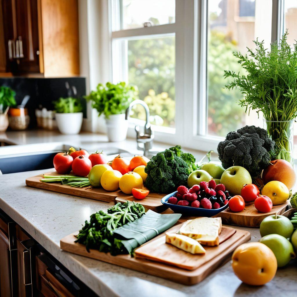 An inviting kitchen scene, showcasing a fresh, colorful array of fruits, vegetables, and wholesome grains. A well-lit countertop with a cutting board, vibrant meal prep, and an open recipe book indicating healthy IBS-friendly recipes. Soft sunlight gently streaming through a window, creating a warm atmosphere. In the background, a calming green plant symbolizing growth and wellness. super-realistic. vibrant colors. warm lighting.
