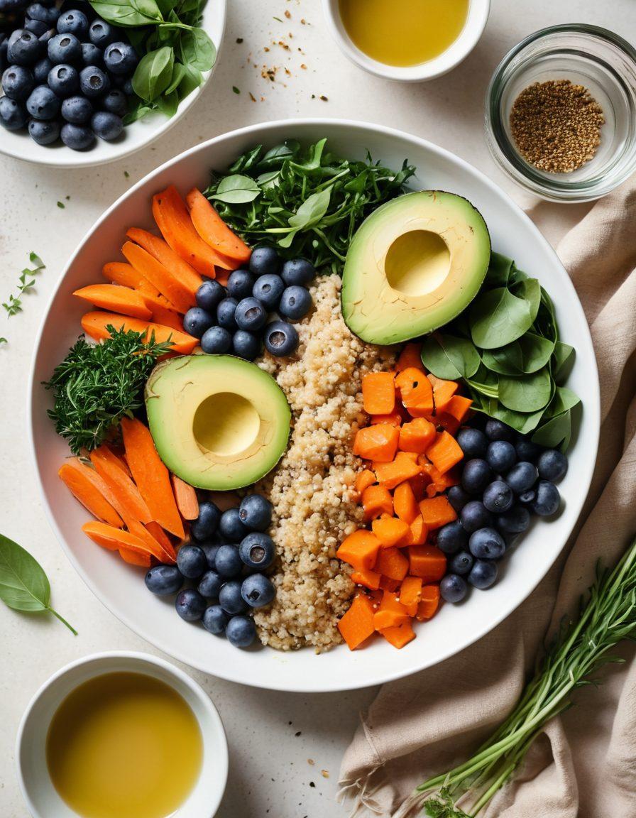 A beautifully arranged plate featuring an assortment of IBS-friendly foods like quinoa, avocados, cooked carrots, and blueberries, surrounded by fresh herbs and leafy greens. The scene is set in a cozy kitchen with natural light pouring in, evoking a sense of warmth and wellness. Include soft textures and inviting colors to emphasize the wholesome theme. super-realistic. vibrant colors. warm tones.