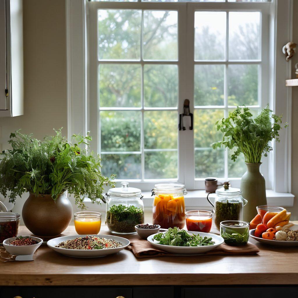 A serene kitchen scene featuring a beautifully arranged table with colorful IBS-friendly foods such as quinoa salad, steamed vegetables, and herbal teas. Soft natural light filtering through a window, with fresh herbs and spices artistically displayed around the table. A comfortable, inviting atmosphere that promotes digestive wellness and relaxation. Painted in soft, warm tones with a focus on texture and detail. super-realistic. vibrant colors.